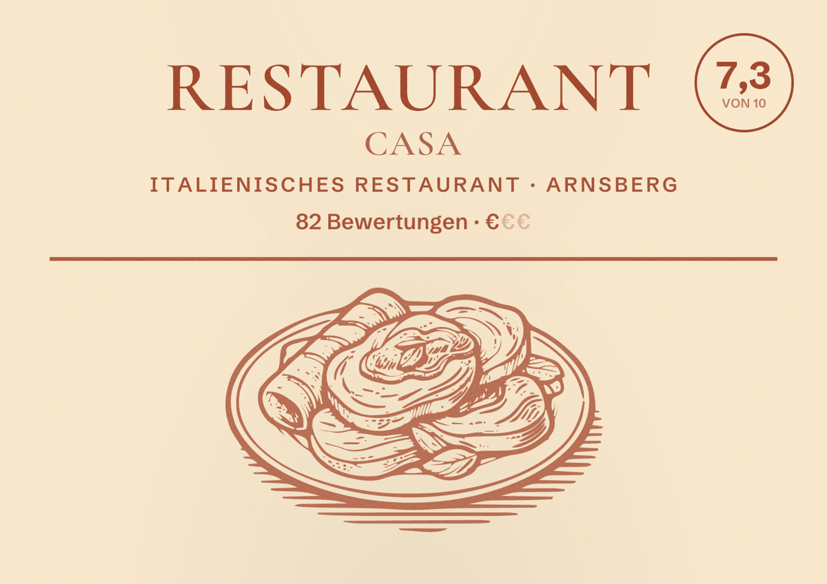 Illustriertes Poster von Restaurant Casa, Italienisches Restaurant in Arnsberg: Bewertung 7,3 von 10 aus 82 Bewertungen, Preisniveau €