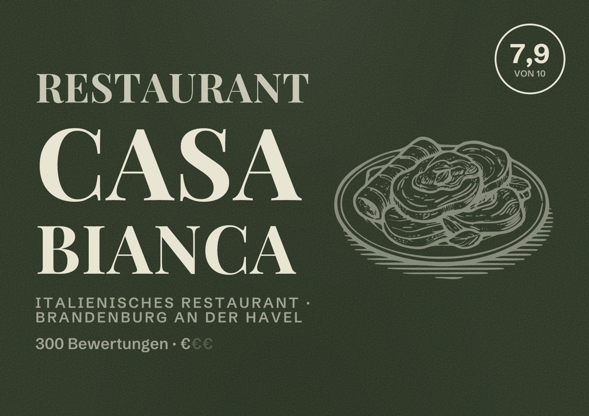 Illustriertes Poster von Restaurant Casa Bianca, Italienisches Restaurant in Brandenburg an der Havel: Bewertung 7,9 von 10 aus 300 Bewertungen, Preisniveau €