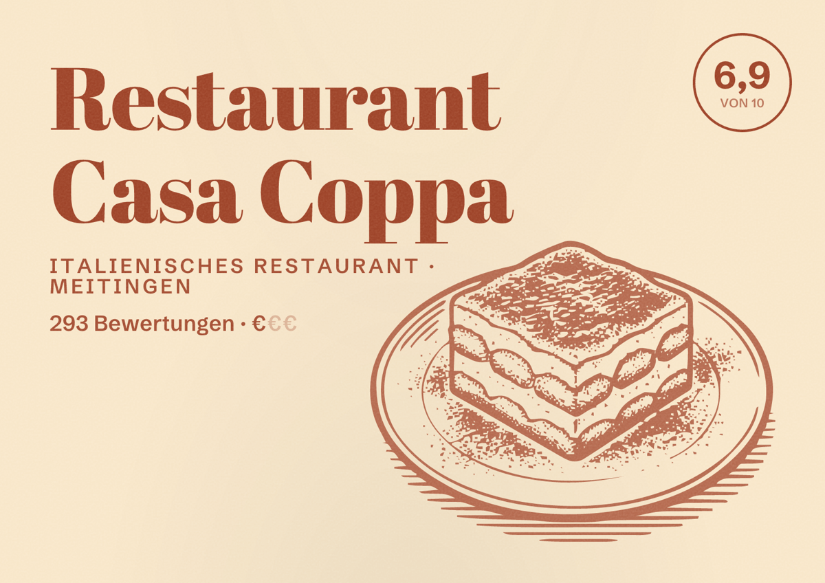 Illustriertes Poster von Restaurant Casa Coppa, Italienisches Restaurant in Meitingen: Bewertung 6,9 von 10 aus 293 Bewertungen, Preisniveau €