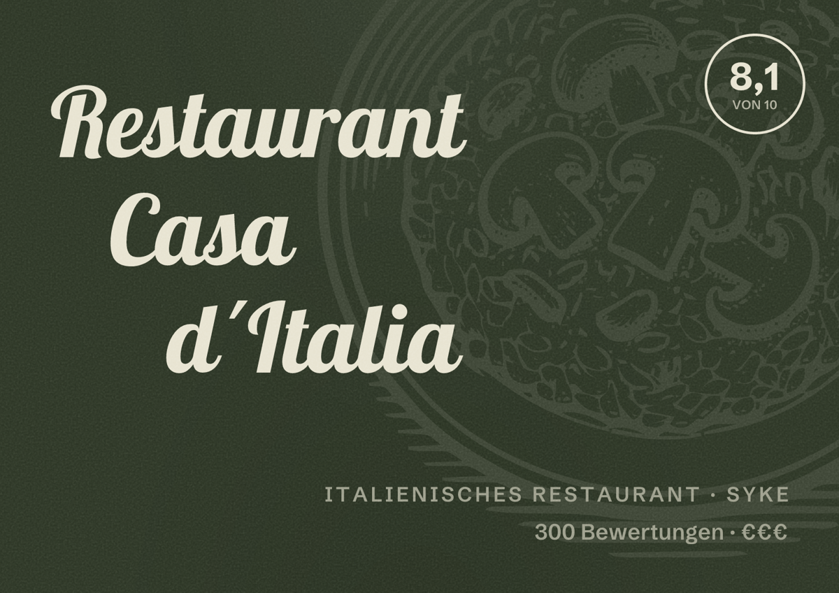 Illustriertes Poster von Restaurant Casa d´Italia, Italienisches Restaurant in Syke: Bewertung 8,1 von 10 aus 300 Bewertungen, Preisniveau €€€