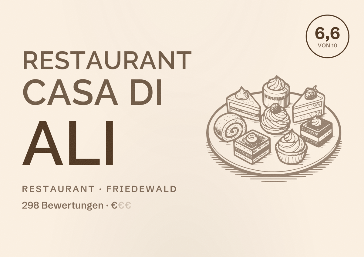 Illustriertes Poster von Restaurant Casa Di Ali, Restaurant in Friedewald: Bewertung 6,6 von 10 aus 298 Bewertungen, Preisniveau €