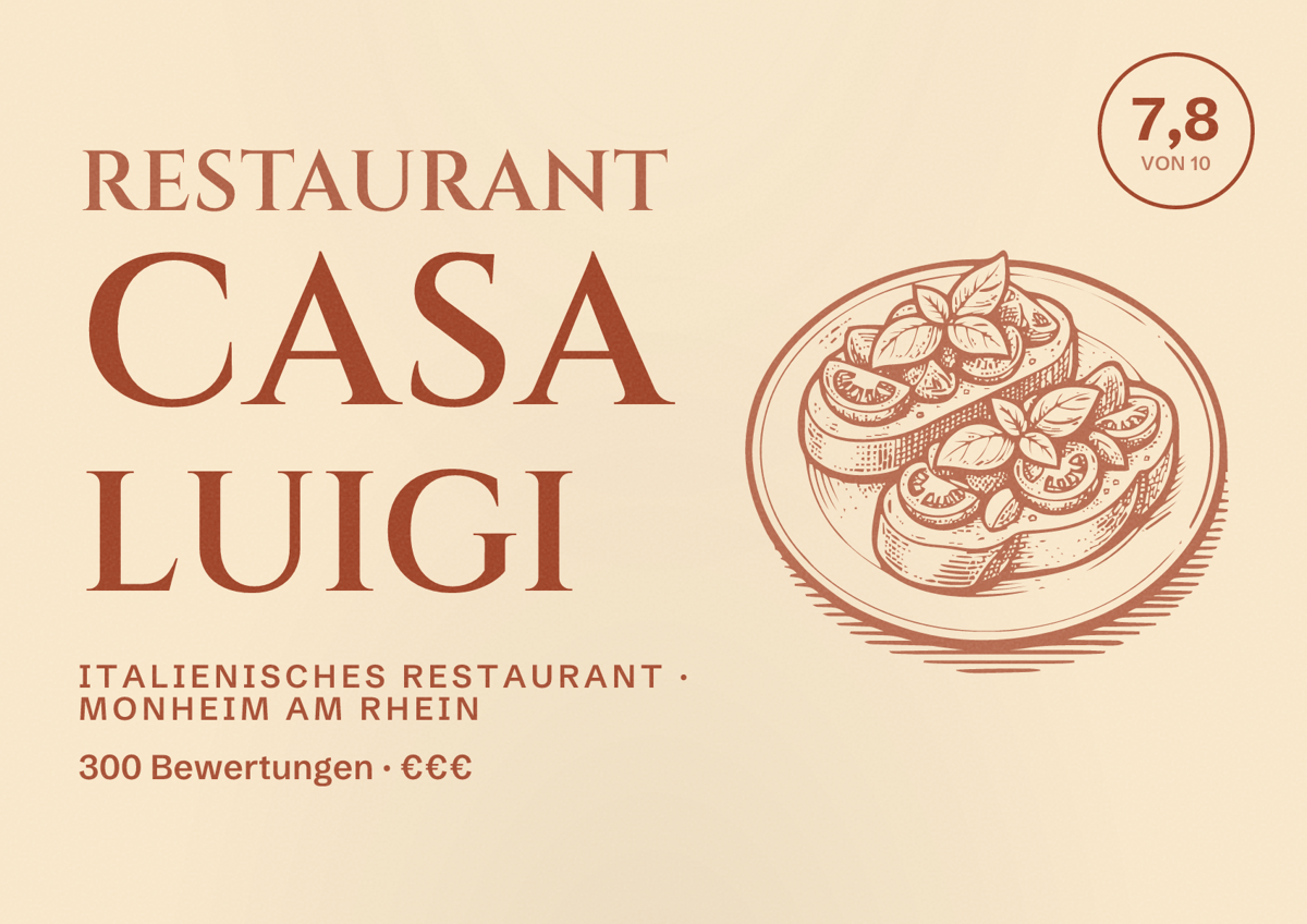 Illustriertes Poster von Restaurant Casa Luigi, Italienisches Restaurant in Monheim am Rhein: Bewertung 7,8 von 10 aus 300 Bewertungen, Preisniveau €€€
