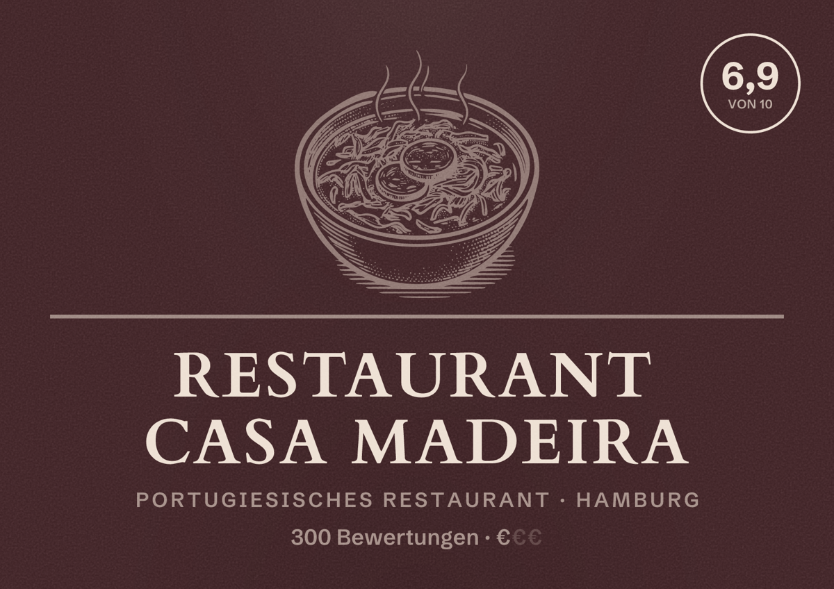Illustriertes Poster von Restaurant Casa Madeira, Portugiesisches Restaurant in Hamburg: Bewertung 6,9 von 10 aus 300 Bewertungen, Preisniveau €