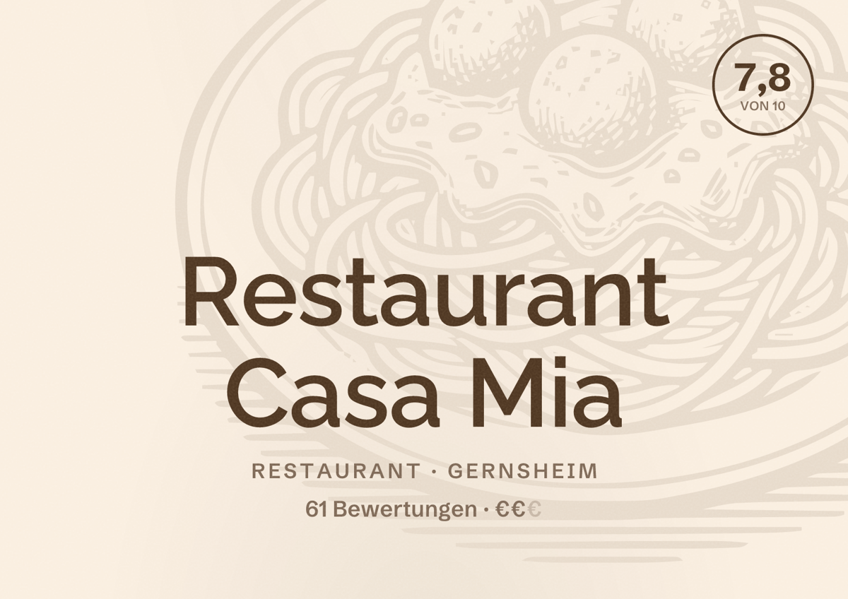 Illustriertes Poster von Restaurant Casa Mia, Restaurant in Gernsheim: Bewertung 7,8 von 10 aus 61 Bewertungen, Preisniveau €€