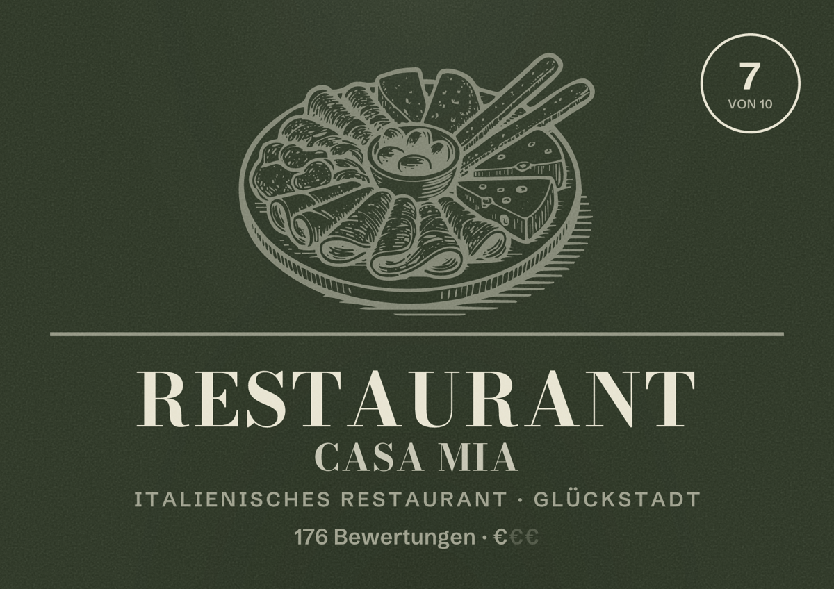 Illustriertes Poster von Restaurant Casa Mia, Italienisches Restaurant in Glückstadt: Bewertung 7 von 10 aus 176 Bewertungen, Preisniveau €