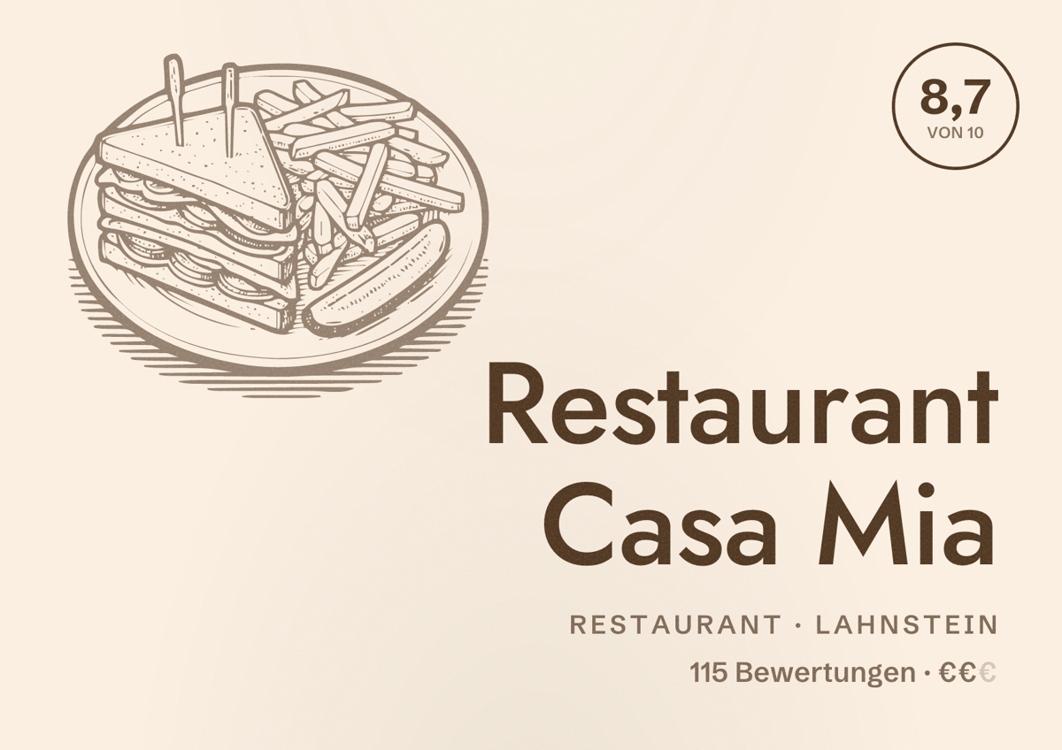 Illustriertes Poster von Restaurant Casa Mia, Restaurant in Lahnstein: Bewertung 8,7 von 10 aus 115 Bewertungen, Preisniveau €€