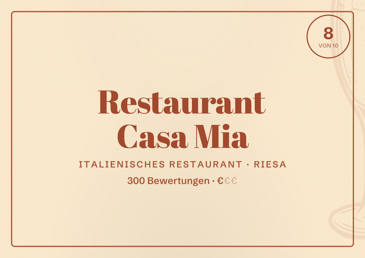 Illustriertes Poster von Restaurant Casa Mia, Italienisches Restaurant in Riesa: Bewertung 8 von 10 aus 300 Bewertungen, Preisniveau €