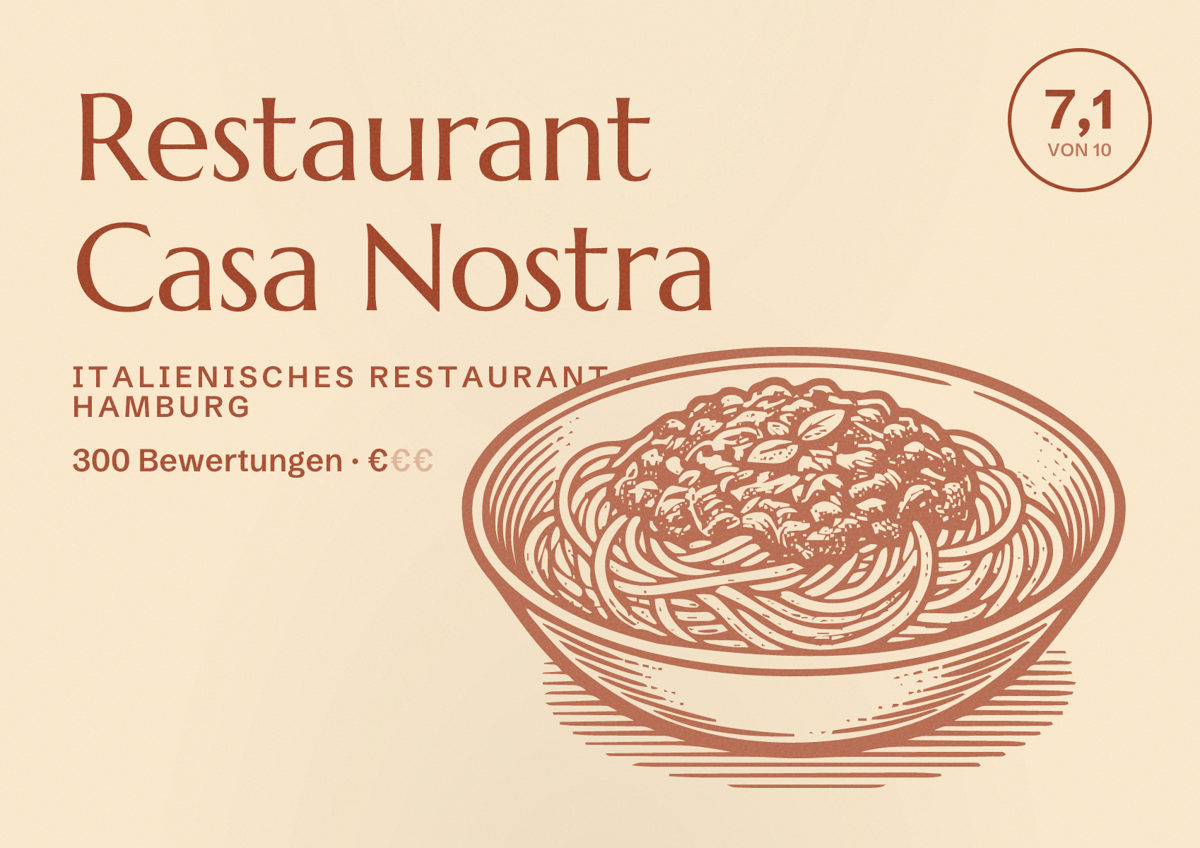 Illustriertes Poster von Restaurant Casa Nostra, Italienisches Restaurant in Hamburg: Bewertung 7,1 von 10 aus 300 Bewertungen, Preisniveau €
