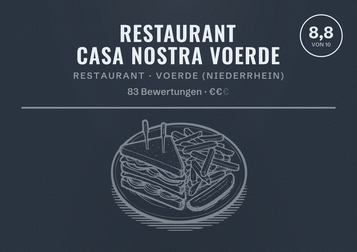 Illustriertes Poster von Restaurant Casa Nostra Voerde, Restaurant in Voerde (Niederrhein): Bewertung 8,8 von 10 aus 83 Bewertungen, Preisniveau €€