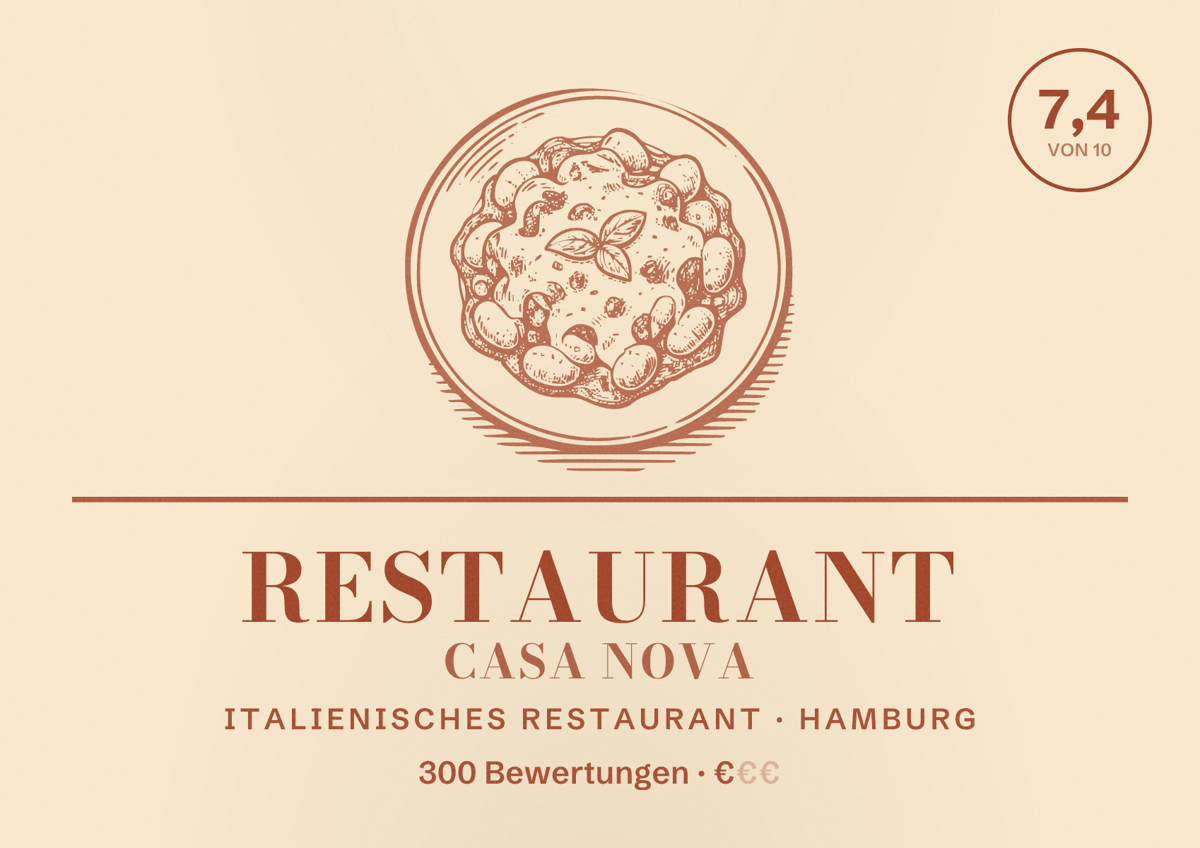 Illustriertes Poster von Restaurant Casa Nova, Italienisches Restaurant in Hamburg: Bewertung 7,4 von 10 aus 300 Bewertungen, Preisniveau €