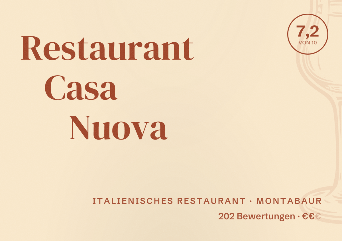 Illustriertes Poster von Restaurant Casa Nuova, Italienisches Restaurant in Montabaur: Bewertung 7,2 von 10 aus 202 Bewertungen, Preisniveau €€