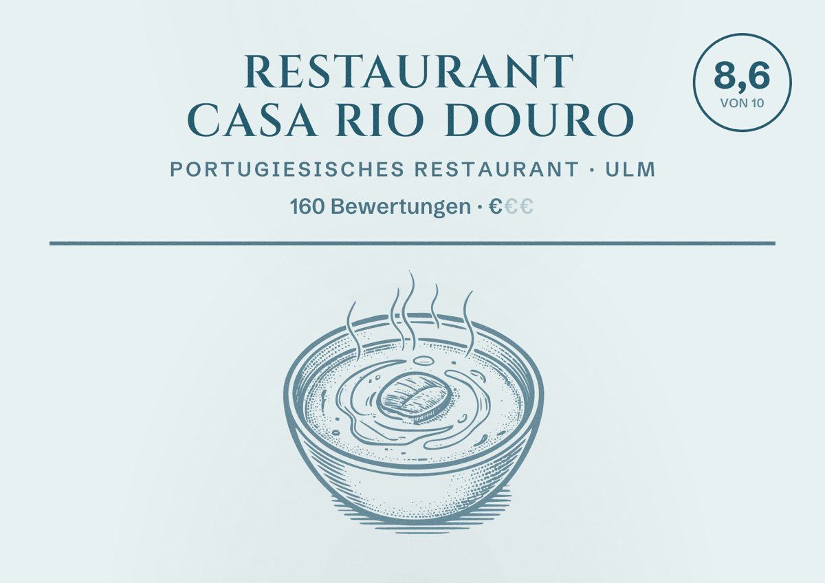 Illustriertes Poster von Restaurant Casa Rio Douro, Portugiesisches Restaurant in Ulm: Bewertung 8,6 von 10 aus 160 Bewertungen, Preisniveau €