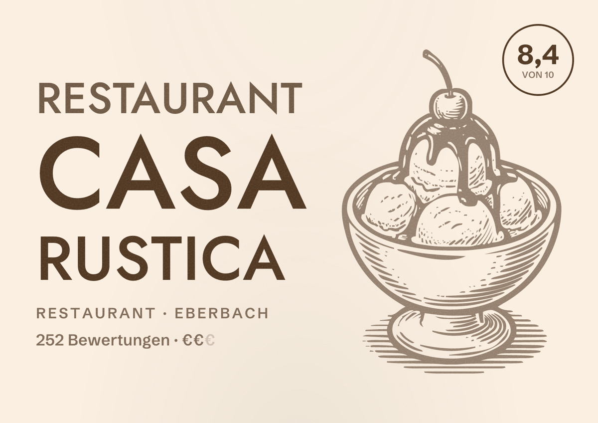 Illustriertes Poster von Restaurant Casa Rustica, Restaurant in Eberbach: Bewertung 8,4 von 10 aus 252 Bewertungen, Preisniveau €€
