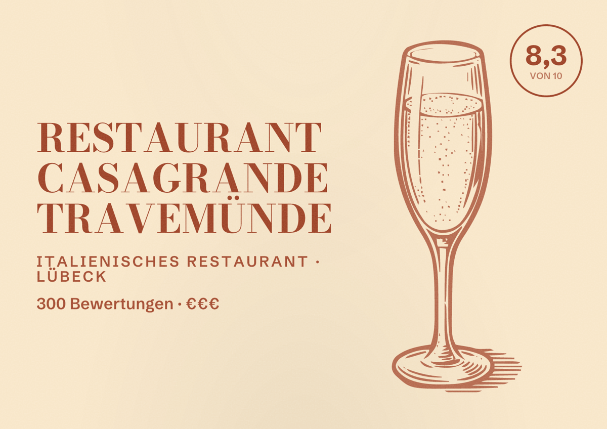 Illustriertes Poster von Restaurant CasaGrande Travemünde, Italienisches Restaurant in Lübeck: Bewertung 8,3 von 10 aus 300 Bewertungen, Preisniveau €€€