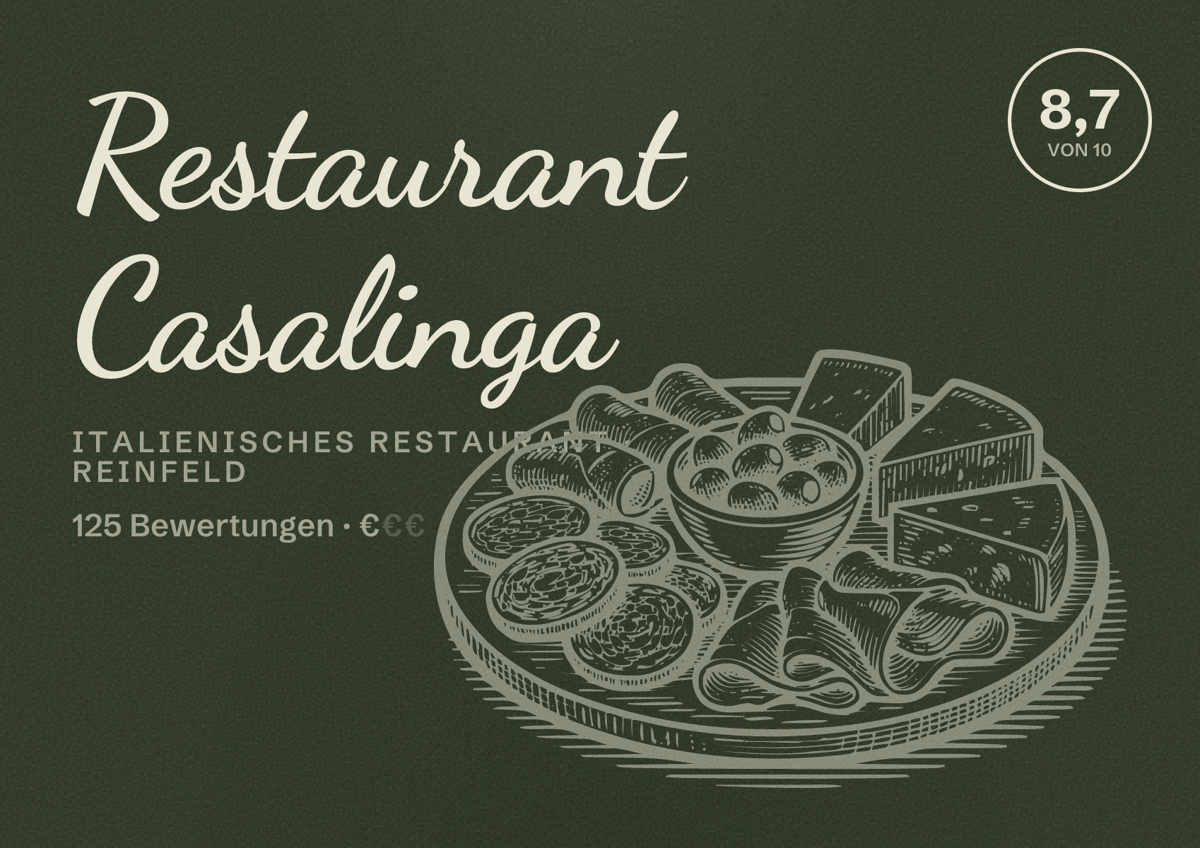Illustriertes Poster von Restaurant Casalinga, Italienisches Restaurant in Reinfeld: Bewertung 8,7 von 10 aus 125 Bewertungen, Preisniveau €