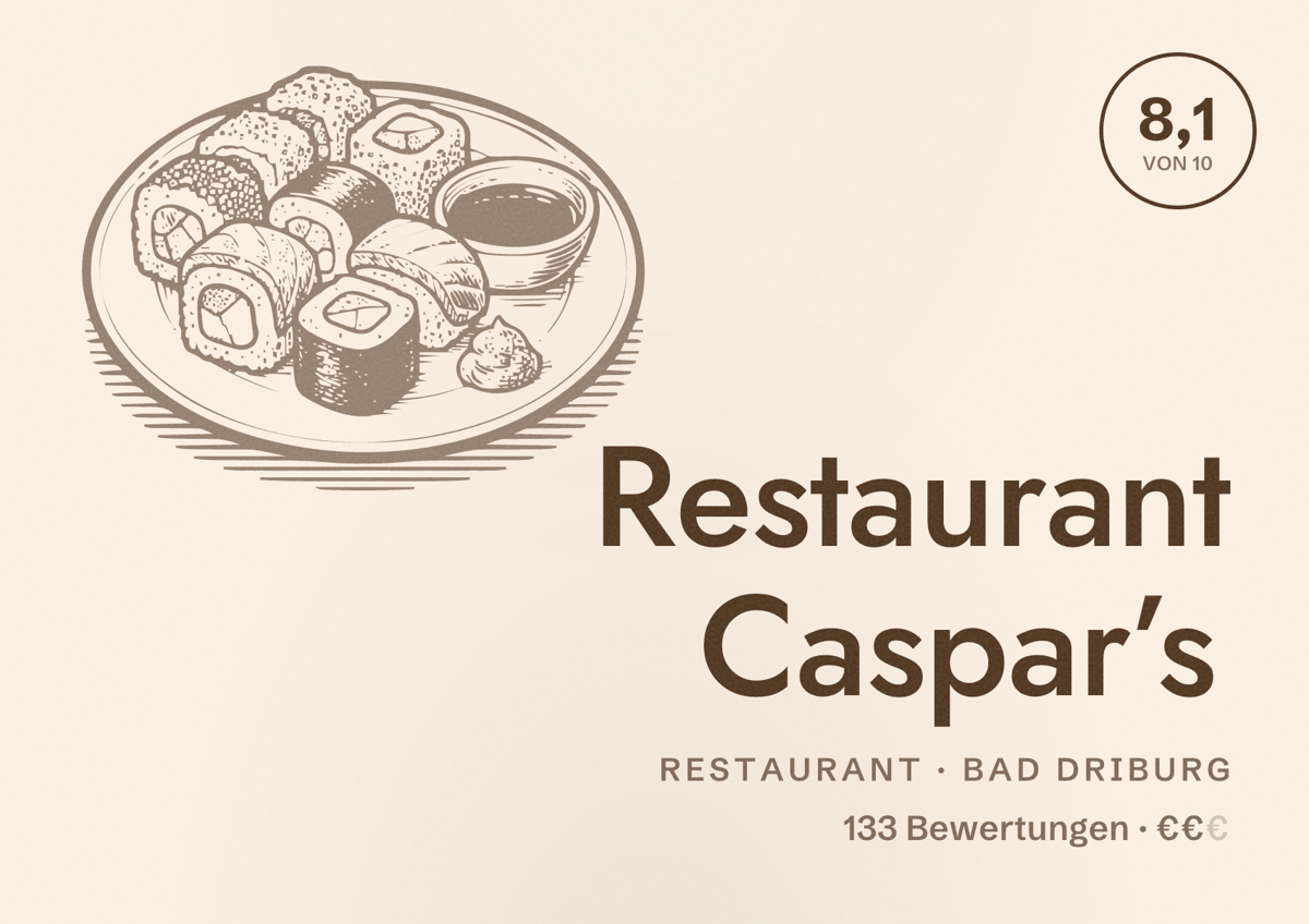 Illustriertes Poster von Restaurant Caspar’s, Restaurant in Bad Driburg: Bewertung 8,1 von 10 aus 133 Bewertungen, Preisniveau €€