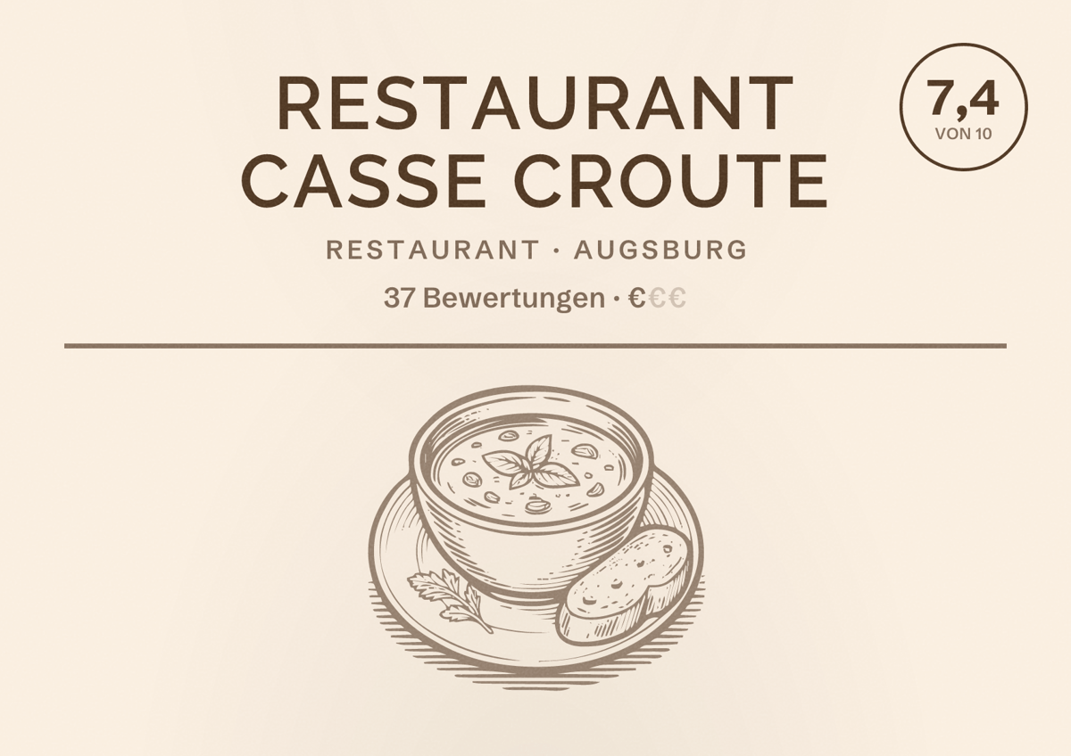 Illustriertes Poster von Restaurant Casse Croute, Restaurant in Augsburg: Bewertung 7,4 von 10 aus 37 Bewertungen, Preisniveau €