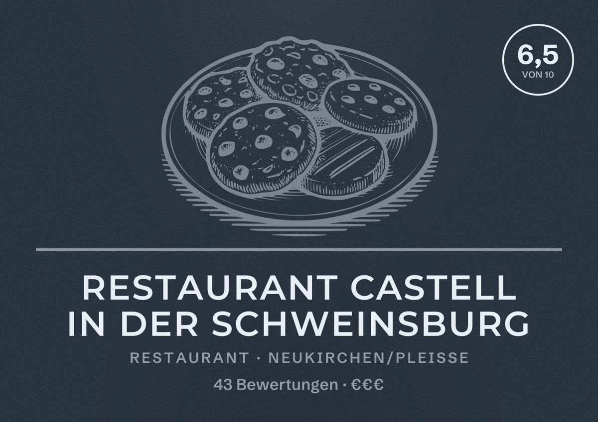 Illustriertes Poster von Restaurant CASTELL in der Schweinsburg, Restaurant in Neukirchen/Pleiße: Bewertung 6,5 von 10 aus 43 Bewertungen, Preisniveau €€€