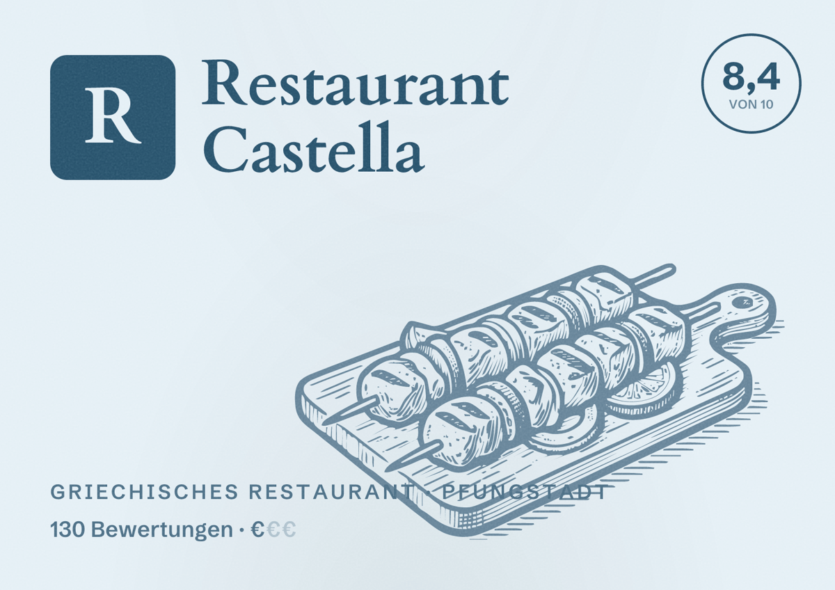 Illustriertes Poster von Restaurant Castella, Griechisches Restaurant in Pfungstadt: Bewertung 8,4 von 10 aus 130 Bewertungen, Preisniveau €