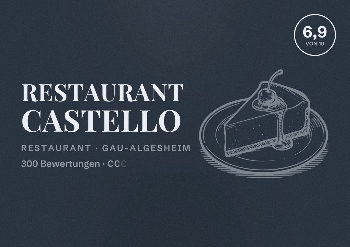 Illustriertes Poster von Restaurant Castello, Restaurant in Gau-Algesheim: Bewertung 6,9 von 10 aus 300 Bewertungen, Preisniveau €€