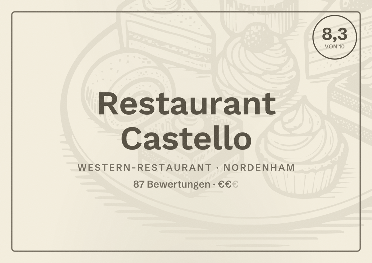 Illustriertes Poster von Restaurant Castello, Western-Restaurant in Nordenham: Bewertung 8,3 von 10 aus 87 Bewertungen, Preisniveau €€