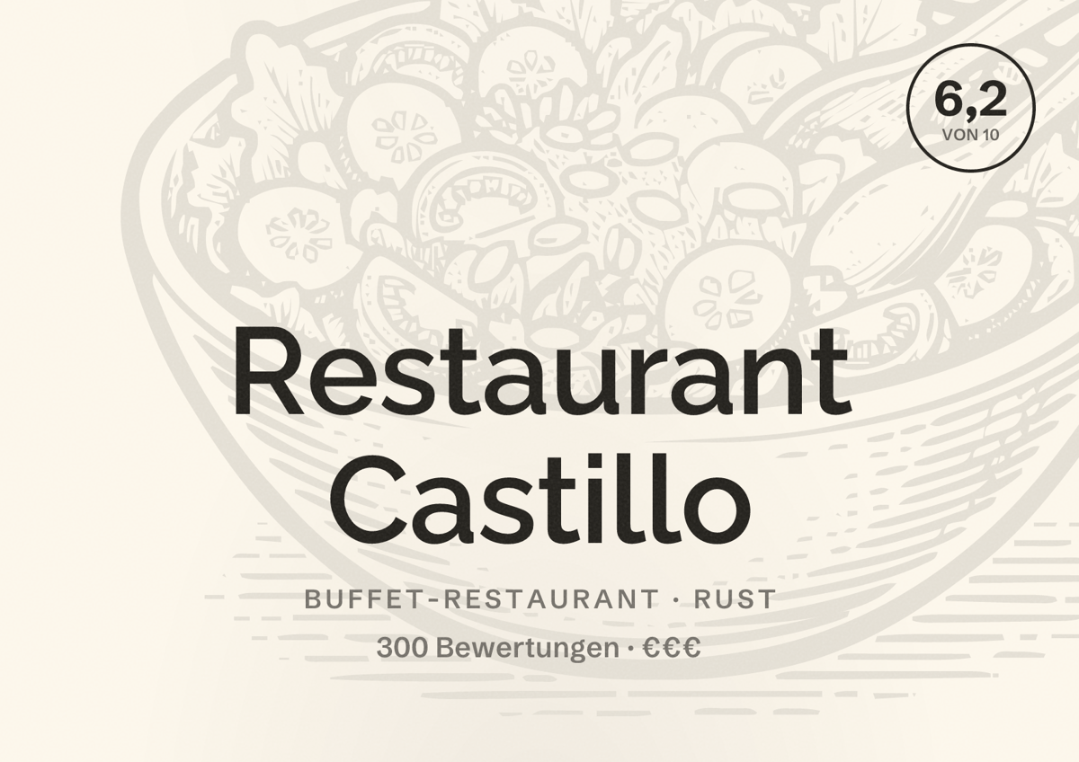 Illustriertes Poster von Restaurant Castillo, Buffet-Restaurant in Rust: Bewertung 6,2 von 10 aus 300 Bewertungen, Preisniveau €€€