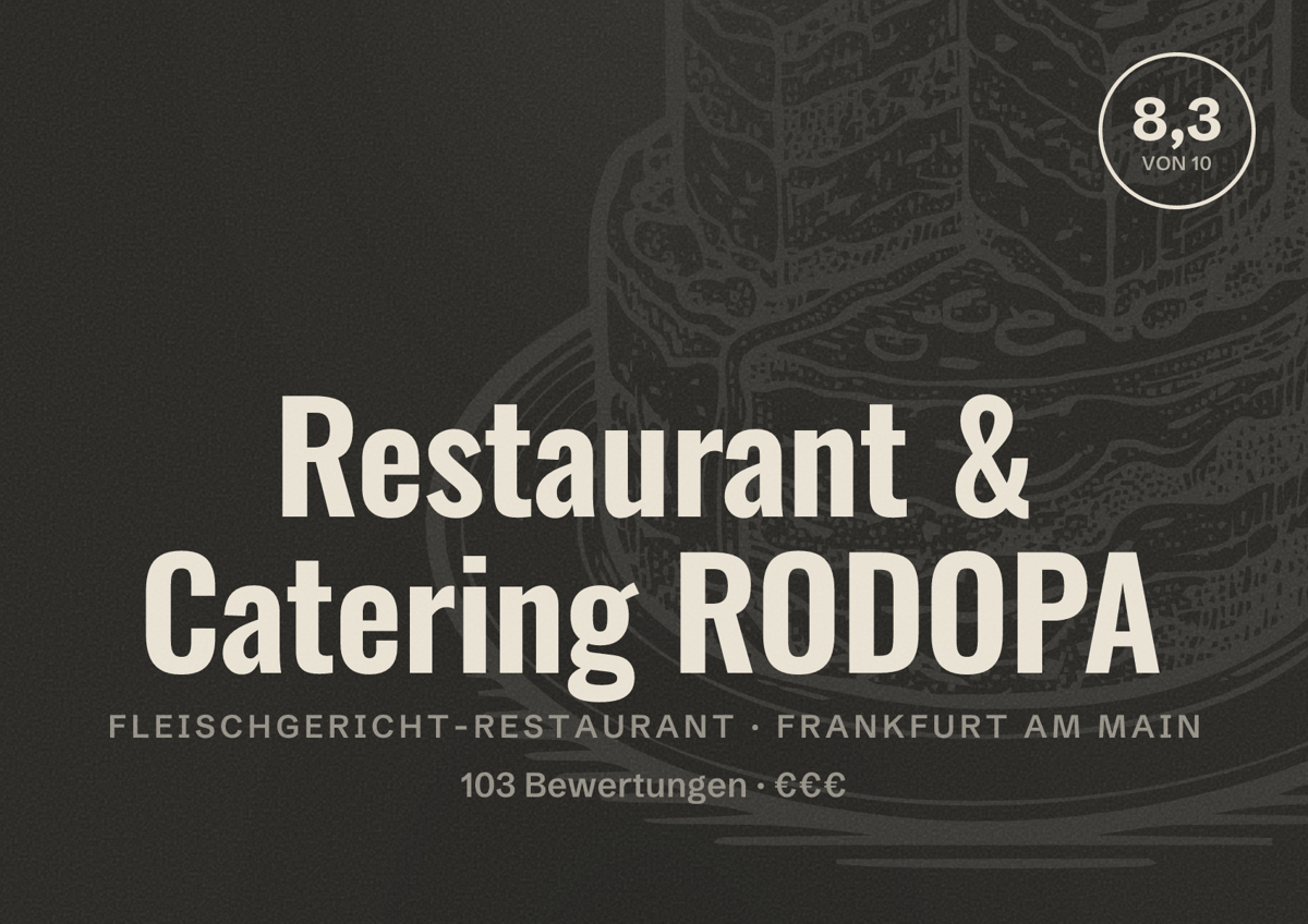 Illustriertes Poster von Restaurant & Catering RODOPA, Fleischgericht-Restaurant in Frankfurt am Main: Bewertung 8,3 von 10 aus 103 Bewertungen, Preisniveau €€€
