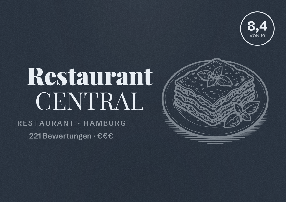 Illustriertes Poster von Restaurant CENTRAL, Restaurant in Hamburg: Bewertung 8,4 von 10 aus 221 Bewertungen, Preisniveau €€€