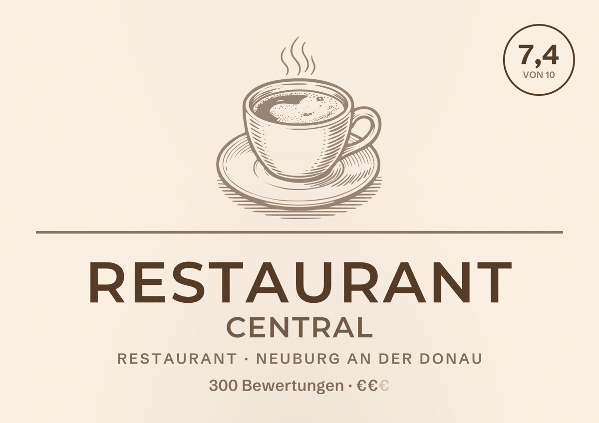 Illustriertes Poster von Restaurant Central, Restaurant in Neuburg an der Donau: Bewertung 7,4 von 10 aus 300 Bewertungen, Preisniveau €€