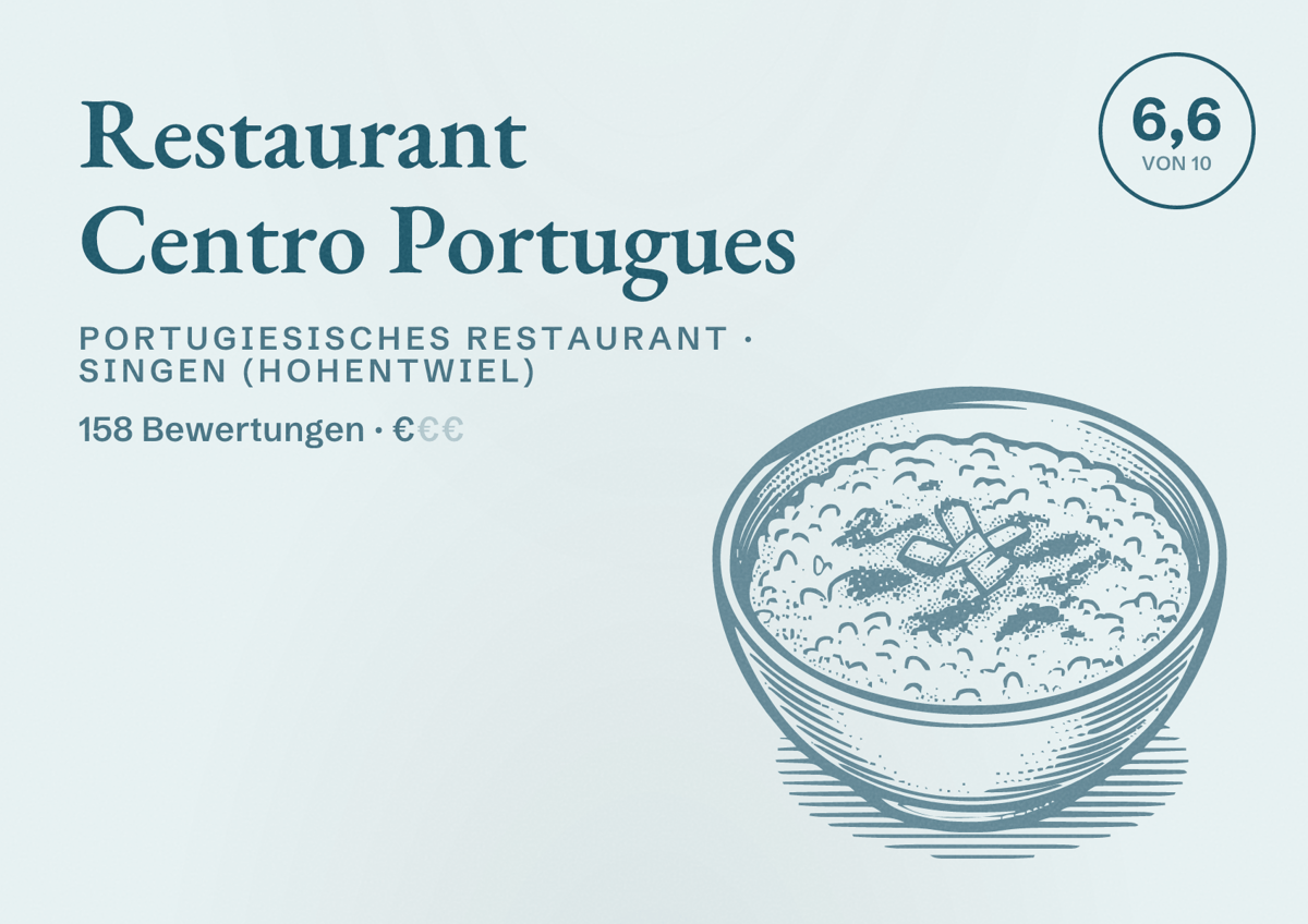 Illustriertes Poster von Restaurant Centro Portugues, Portugiesisches Restaurant in Singen (Hohentwiel): Bewertung 6,6 von 10 aus 158 Bewertungen, Preisniveau €