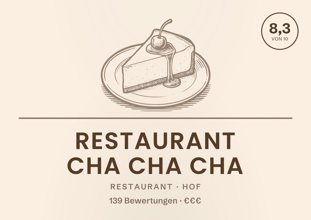 Illustriertes Poster von Restaurant Cha Cha Cha, Restaurant in Hof: Bewertung 8,3 von 10 aus 139 Bewertungen, Preisniveau €€€
