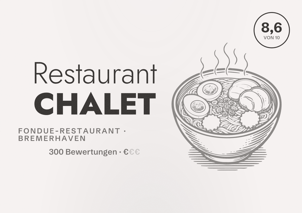 Illustriertes Poster von Restaurant CHALET, Fondue-Restaurant in Bremerhaven: Bewertung 8,6 von 10 aus 300 Bewertungen, Preisniveau €