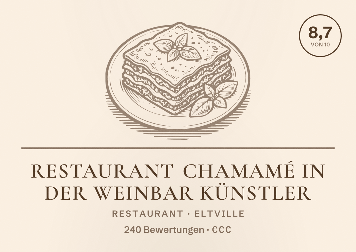 Illustriertes Poster von Restaurant Chamamé in der Weinbar Künstler, Restaurant in Eltville: Bewertung 8,7 von 10 aus 240 Bewertungen, Preisniveau €€€