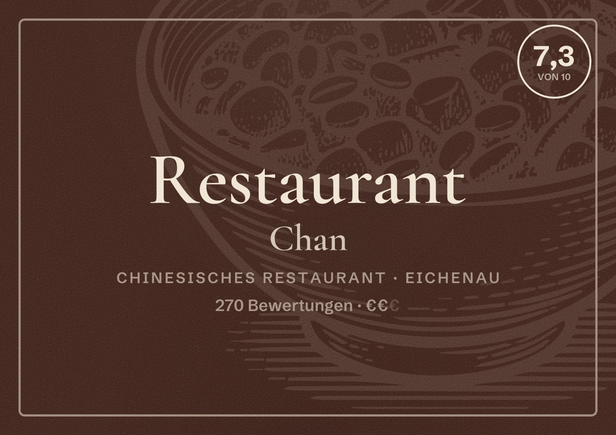 Illustriertes Poster von Restaurant Chan, Chinesisches Restaurant in Eichenau: Bewertung 7,3 von 10 aus 270 Bewertungen, Preisniveau €€