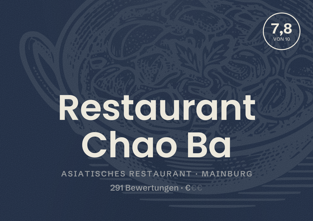 Illustriertes Poster von Restaurant Chao Ba, Asiatisches Restaurant in Mainburg: Bewertung 7,8 von 10 aus 291 Bewertungen, Preisniveau €