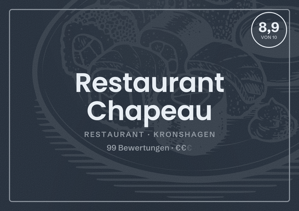Illustriertes Poster von Restaurant Chapeau, Restaurant in Kronshagen: Bewertung 8,9 von 10 aus 99 Bewertungen, Preisniveau €€