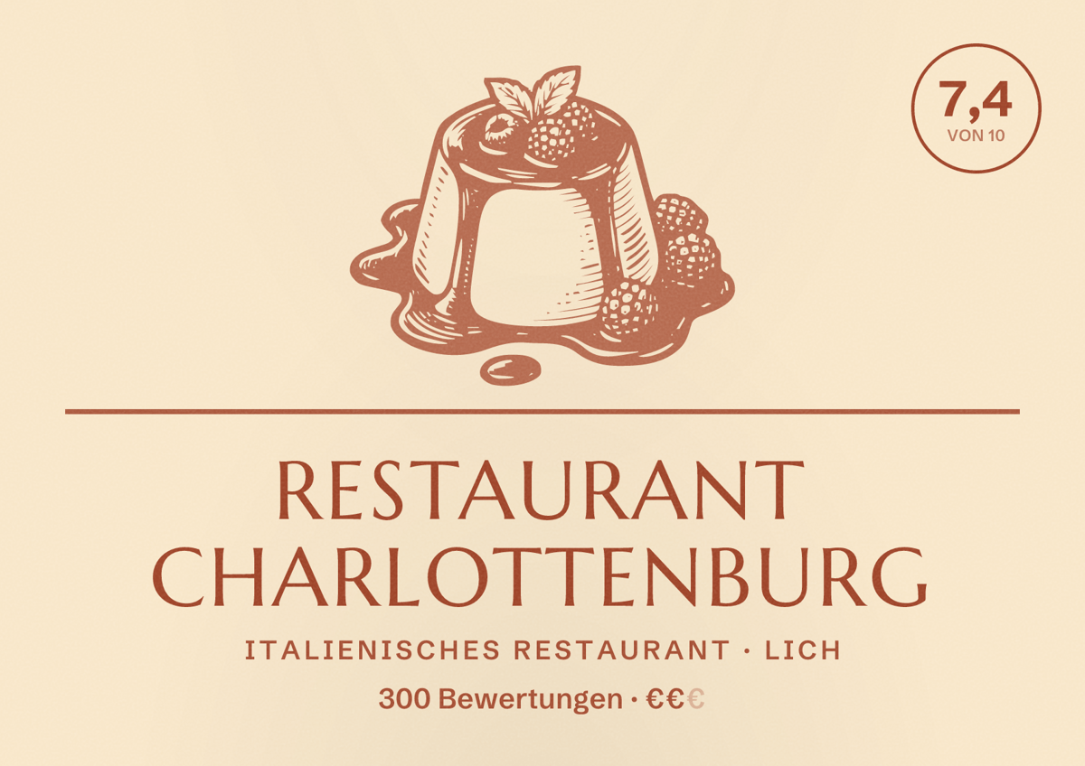Illustriertes Poster von Restaurant Charlottenburg, Italienisches Restaurant in Lich: Bewertung 7,4 von 10 aus 300 Bewertungen, Preisniveau €€