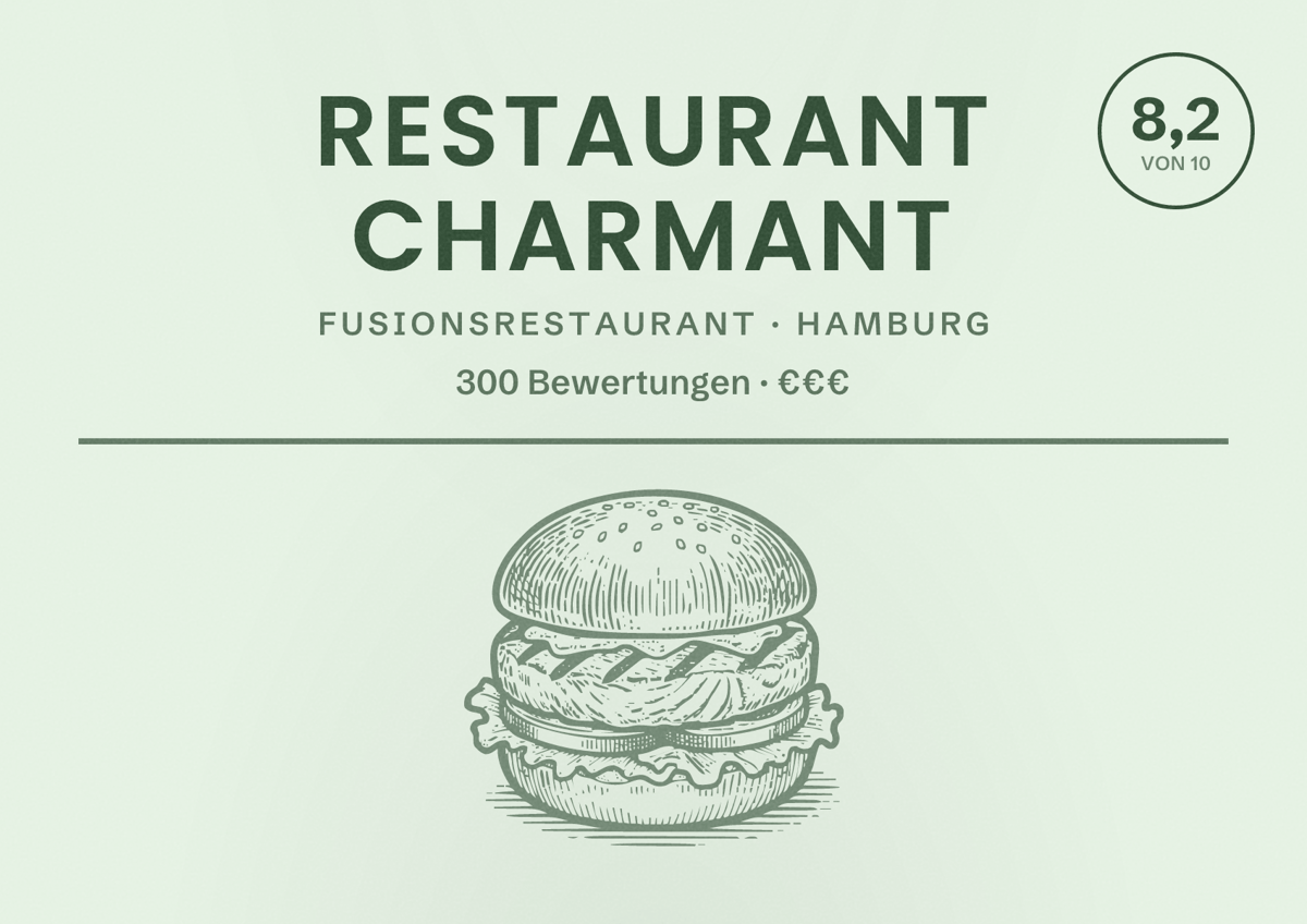 Illustriertes Poster von Restaurant Charmant, Fusionsrestaurant in Hamburg: Bewertung 8,2 von 10 aus 300 Bewertungen, Preisniveau €€€