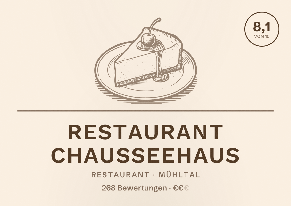 Illustriertes Poster von Restaurant Chausseehaus, Restaurant in Mühltal: Bewertung 8,1 von 10 aus 268 Bewertungen, Preisniveau €€