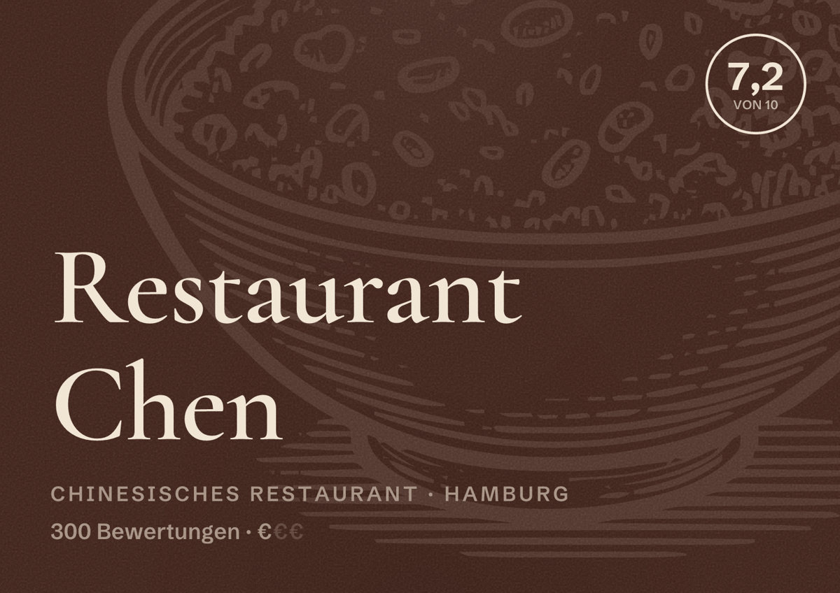 Illustriertes Poster von Restaurant Chen, Chinesisches Restaurant in Hamburg: Bewertung 7,2 von 10 aus 300 Bewertungen, Preisniveau €