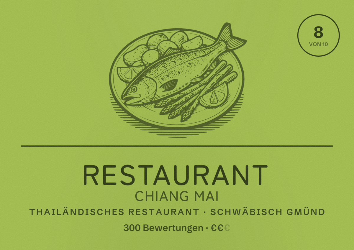 Illustriertes Poster von Restaurant Chiang Mai, Thailändisches Restaurant in Schwäbisch Gmünd: Bewertung 8 von 10 aus 300 Bewertungen, Preisniveau €€