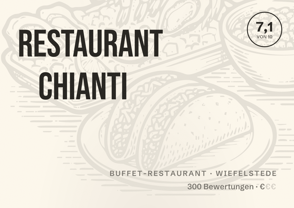 Illustriertes Poster von Restaurant Chianti, Buffet-Restaurant in Wiefelstede: Bewertung 7,1 von 10 aus 300 Bewertungen, Preisniveau €