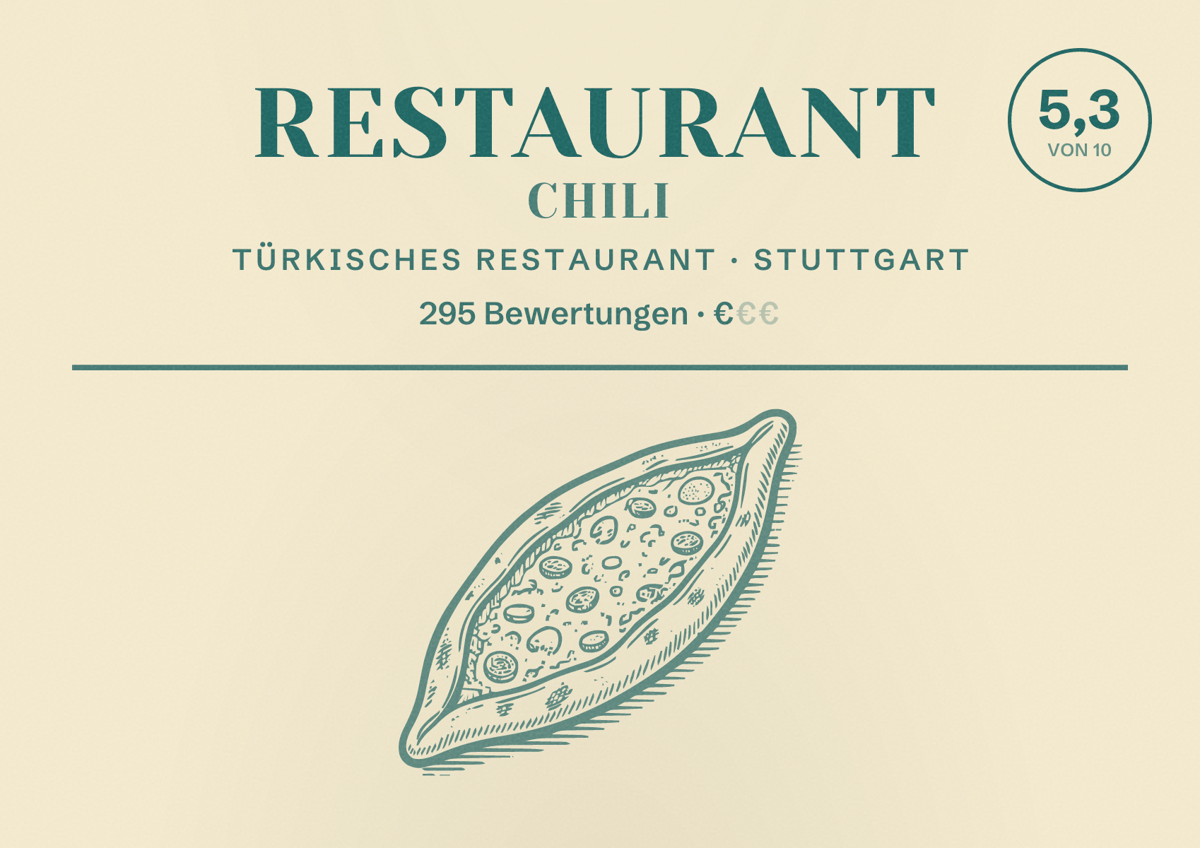 Illustriertes Poster von Restaurant Chili, Türkisches Restaurant in Stuttgart: Bewertung 5,3 von 10 aus 295 Bewertungen, Preisniveau €