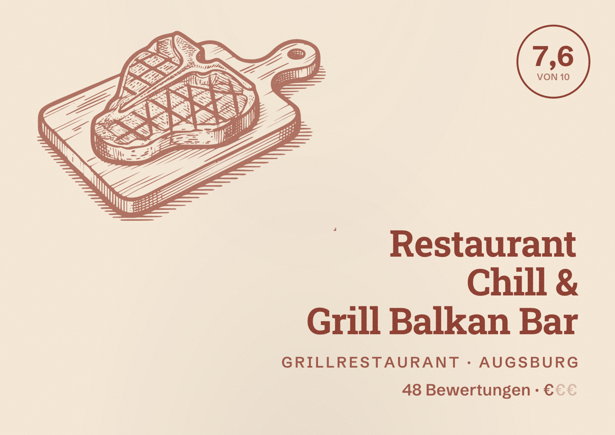 Illustriertes Poster von Restaurant Chill & Grill Balkan Bar, Grillrestaurant in Augsburg: Bewertung 7,6 von 10 aus 48 Bewertungen, Preisniveau €