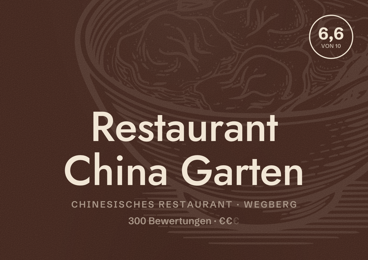 Illustriertes Poster von Restaurant China Garten, Chinesisches Restaurant in Wegberg: Bewertung 6,6 von 10 aus 300 Bewertungen, Preisniveau €€