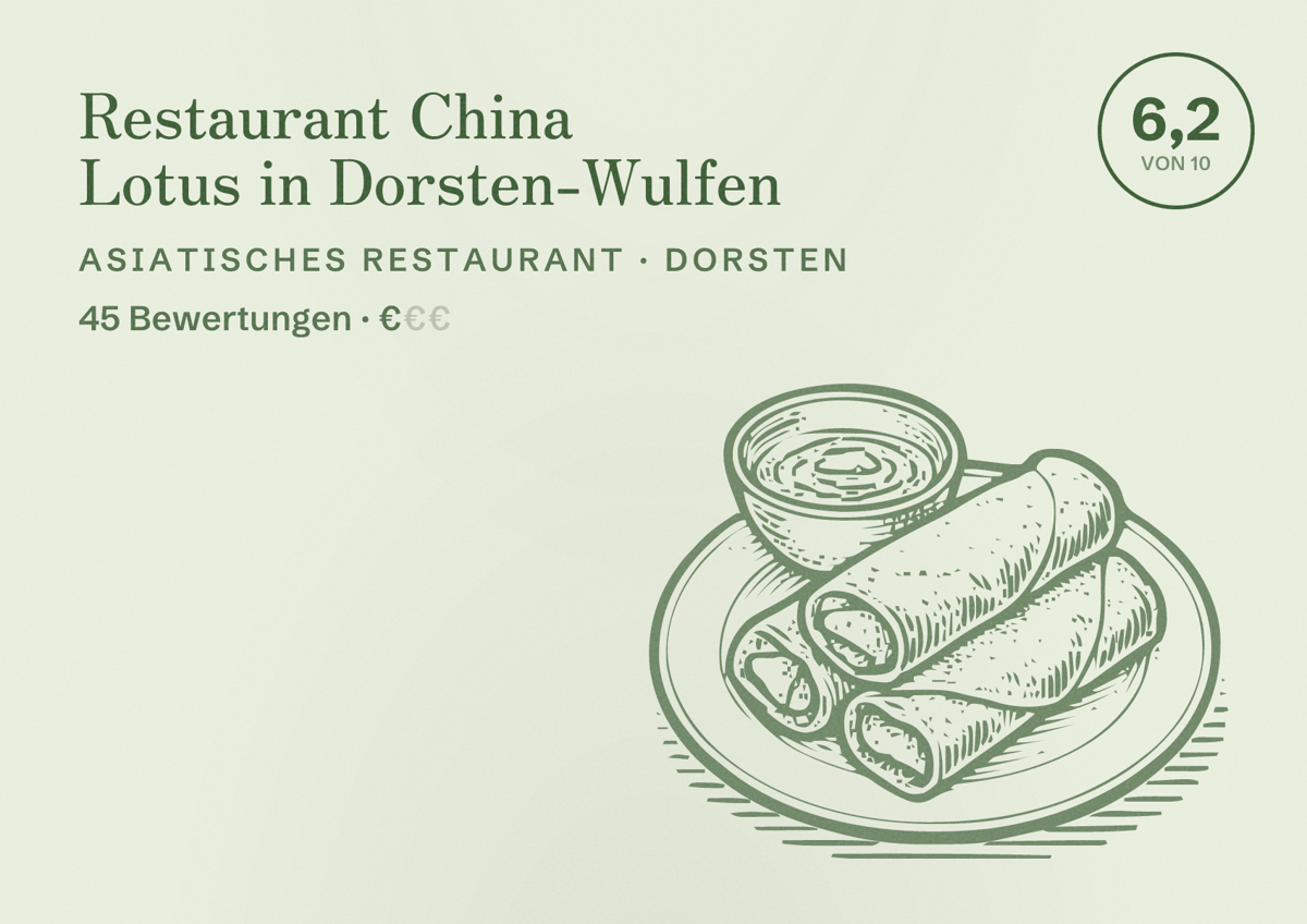 Illustriertes Poster von Restaurant China Lotus in Dorsten-Wulfen, Asiatisches Restaurant in Dorsten: Bewertung 6,2 von 10 aus 45 Bewertungen, Preisniveau €