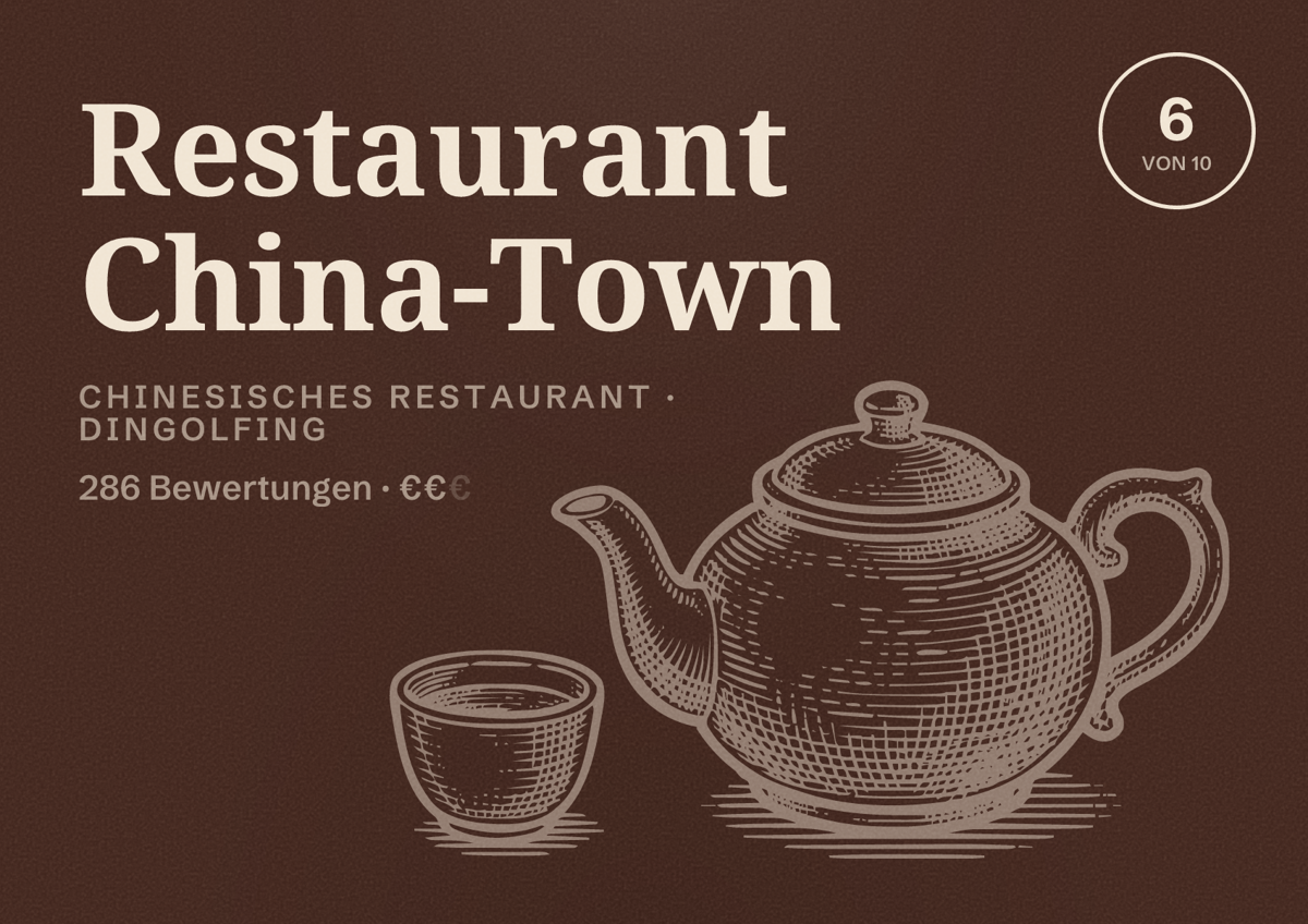 Illustriertes Poster von Restaurant China-Town, Chinesisches Restaurant in Dingolfing: Bewertung 6 von 10 aus 286 Bewertungen, Preisniveau €€