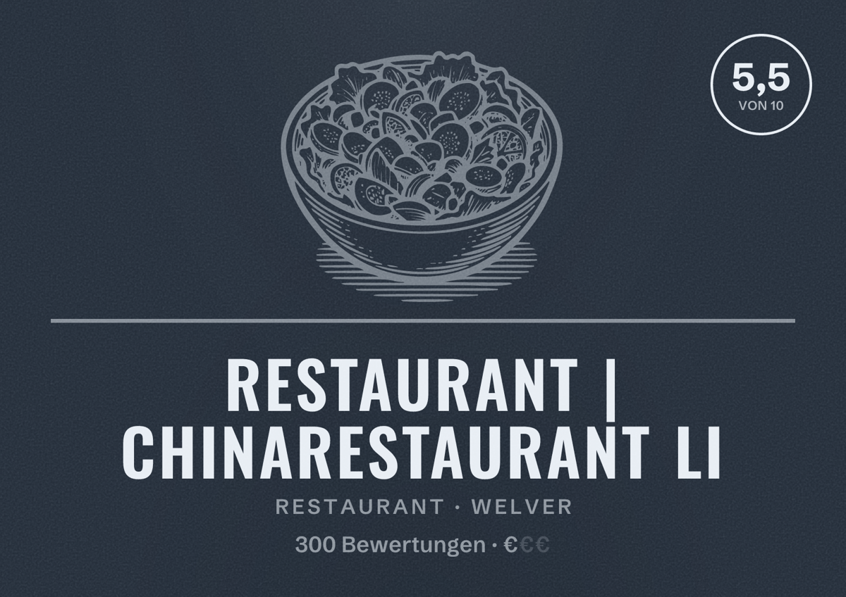 Illustriertes Poster von Restaurant | Chinarestaurant Li, Restaurant in Welver: Bewertung 5,5 von 10 aus 300 Bewertungen, Preisniveau €