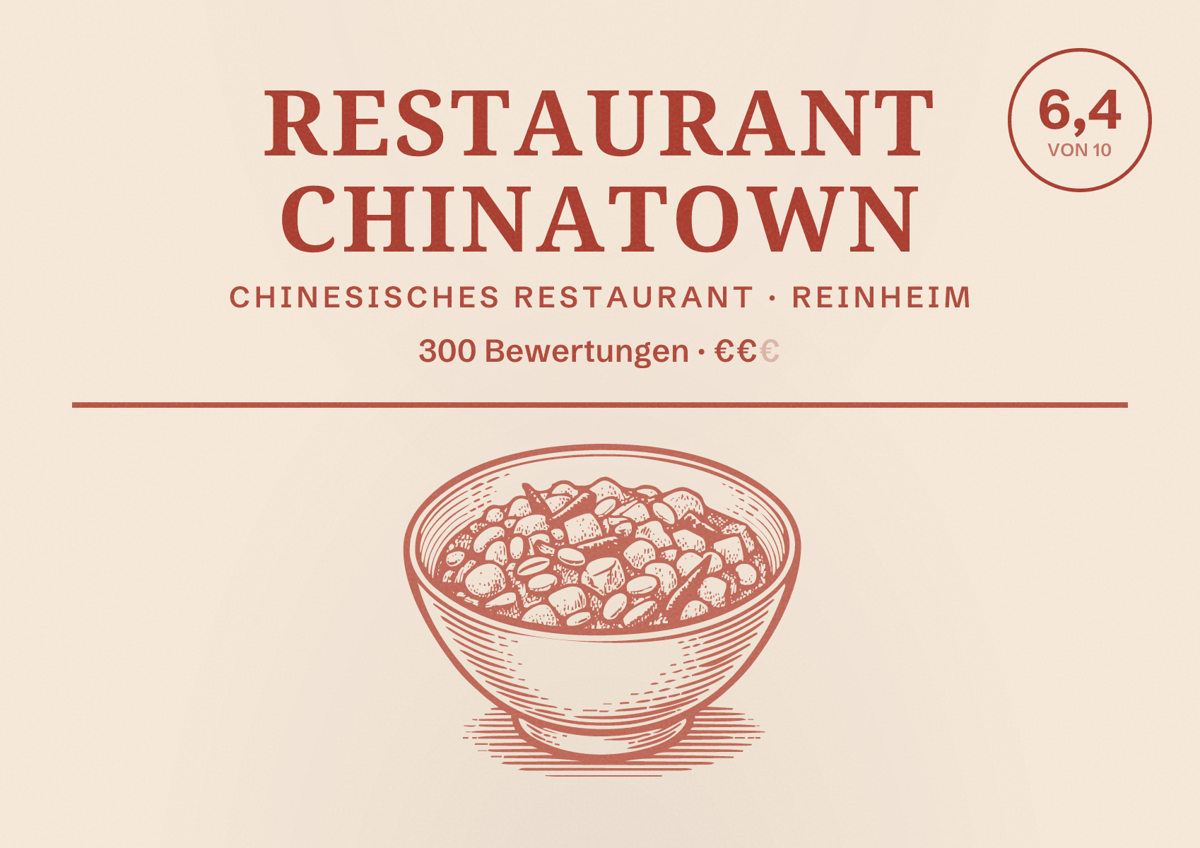 Illustriertes Poster von Restaurant Chinatown, Chinesisches Restaurant in Reinheim: Bewertung 6,4 von 10 aus 300 Bewertungen, Preisniveau €€