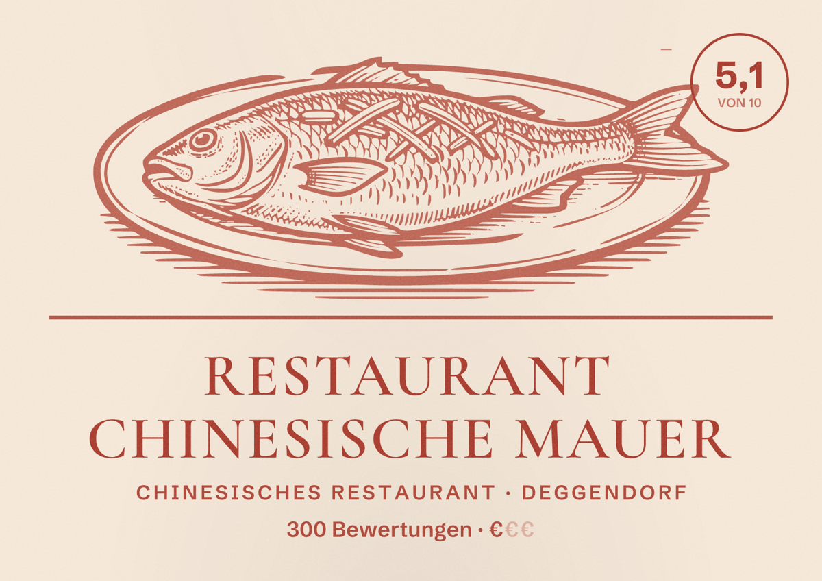 Illustriertes Poster von Restaurant Chinesische Mauer, Chinesisches Restaurant in Deggendorf: Bewertung 5,1 von 10 aus 300 Bewertungen, Preisniveau €